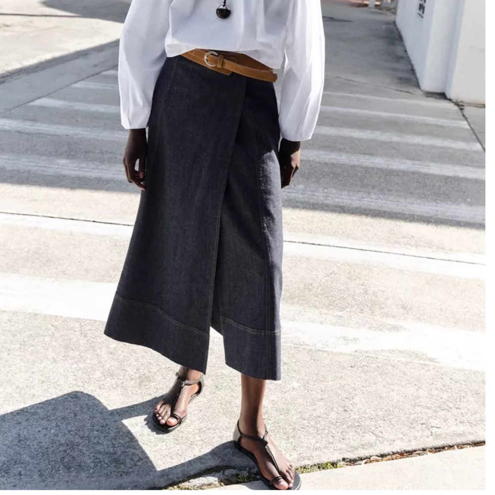 ZARA Womenโs S Indigo Denim A-Line Wrap Skirt Brown Faux Leather Belt Boho 90s